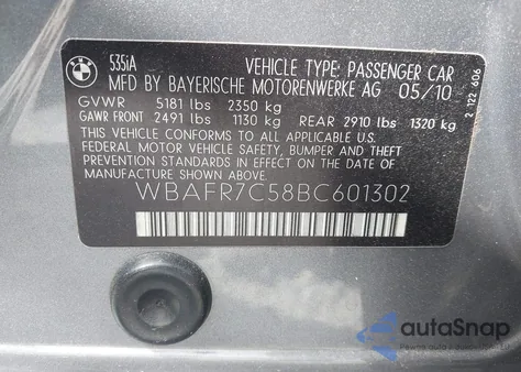 2011 BMW 535I из США, поврежденный, VIN WBAFR7C58BC601302